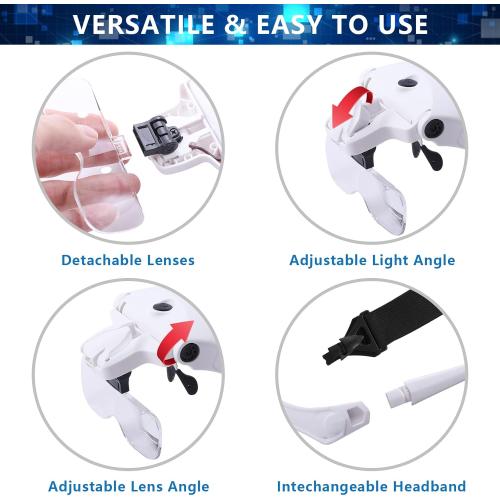 Hands Free Headband Magnifying Glass, USB Charging Head Magnifier with LED Light Jewelry Craft Watch Hobby 5 Lenses 1.0X 1.5X 2.0X 2.5X 3.5X (Upgraded Version)