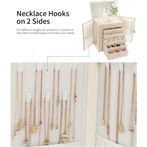 Jewelry Storage Box, Jewelry Organizer with 22 Necklace Hooks, Large Jewelry Box for Ring Bracelet Necklace Earrings (Apricot)