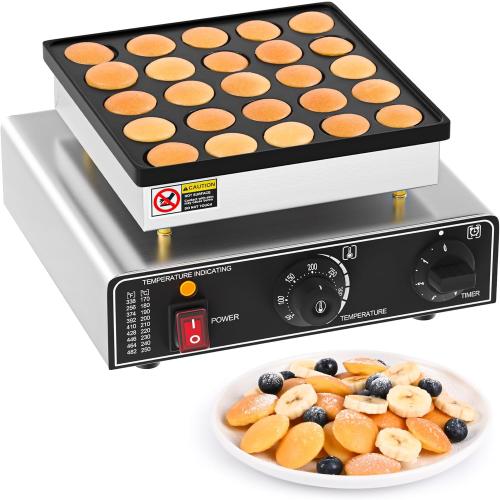 Size 25 Mini Pancake Maker, 25 Hole Mini Pancake Griddle, Commercial Non-Stick Dutch Pancake Maker with Temperature and Time Control for Breakfast, Desserts, Snacks and More