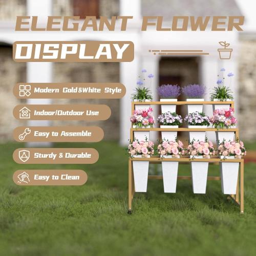 Flower Display Stand with 12 Buckets, 3 Layers Flower Bar, Gold Metal Plant Stand with Wheels, Heavy Duty Flower Cart for Indoor Outdoor Patio Garden Wedding Florist, Gold Metal Frame