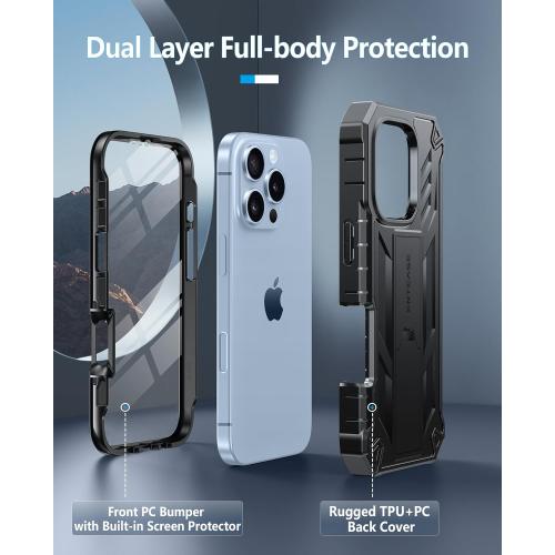 FNTCASE for iPhone 16 Pro Case: Military Grade Drop Proof Protection Mobile Cover with Kickstand | Matte Textured Rugged Shockproof TPU | Protective Sturdy Phone Case - 6.3 inch Black
