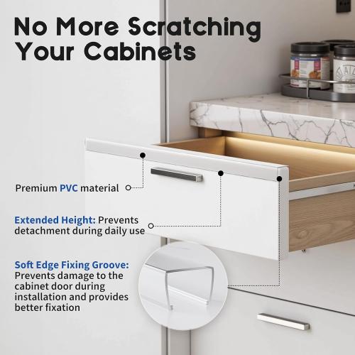 Cabinet Protector Edge Guard (Pack of 6), 17.7 Clear PVC Cabinet Edge Protectors for 3/4 Thick Kitchen Cabinets Doors – Slip-On No-Tool Sliding Installation