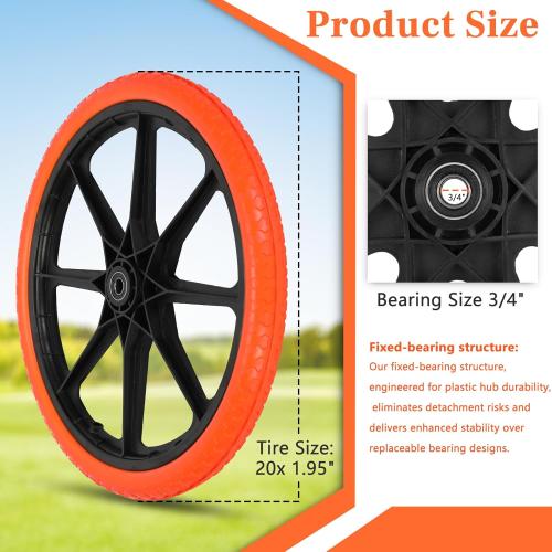 Black and Orange Upgraded 20x1.95 Flat Free Tires Compatible with rubber-maid Wheelbarrow Wheels, 20 Flat Free Tires with 3/4 Bearing Replacement for rubber-maid Cart Wheels/Big Wheel Utility Carts(3/4 Bearing)