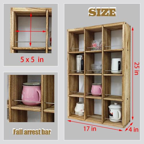 Coffee Mug Display Rack Wooden Display Shelves Cup Holder Shadow Box Shelf Wood Hanging Shadow Box Shot Glasses Display Case with 12 Compartment (Old White)