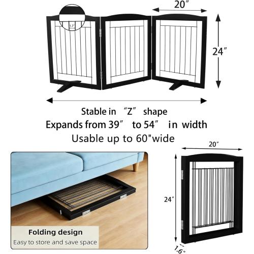 ZJSF Freestanding Dog Fence Indoor, Foldable Dog Gate for Doorways, Stairs or Hallways, Sturdy Wood Extra Wide Pet Gate with Support Feet for The House, Black, 24 Height-3 Panels