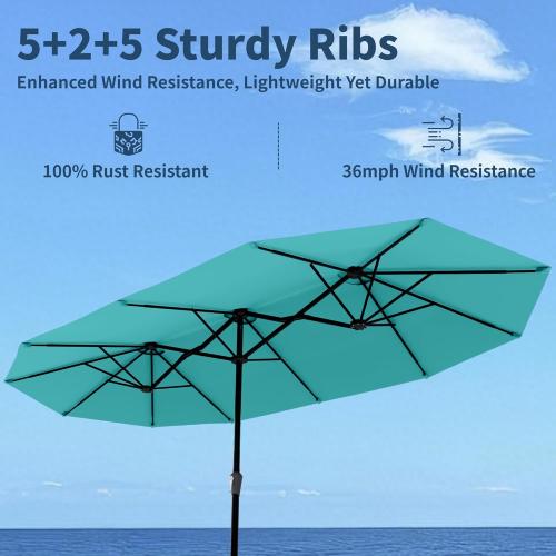 Size 15FT Color Dark Blue Double Sided Patio Umbrella with Base Included Large Outdoor Market Umbrella with Crank Handle, UV Resistant Canopy, Sturdy Frame for Garden, Poolside, Deck,