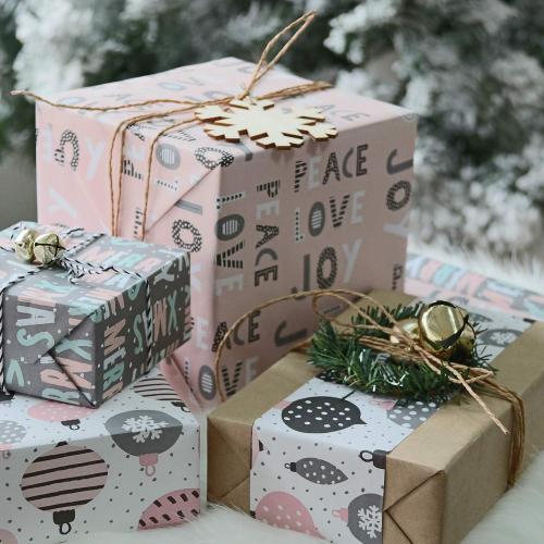 WRAPAHOLIC 30 Inch Christmas Wrapping Paper Roll - Jumbo Roll Rustic Kraft Pink and Grey Christmas Set for Holiday, Party Deco - 4 Rolls - 30 Inch x 120 Inch Per Roll