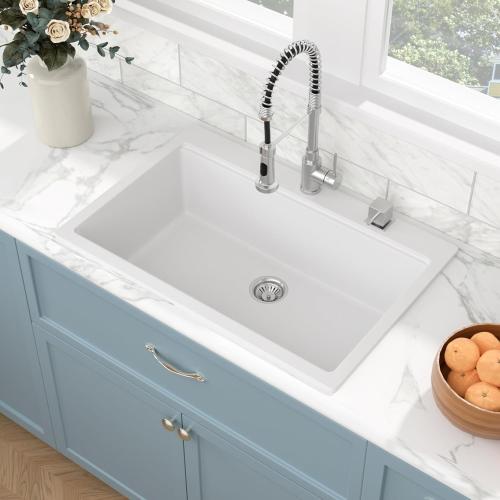 Sarlai 33 Inch Composite Granite White Kitchen Sink - 33x22 Inch Kitchen Sink Workstation Drop In Topmount Sinks Granite Quartz Sinks Single Bowl Above Counter Basin