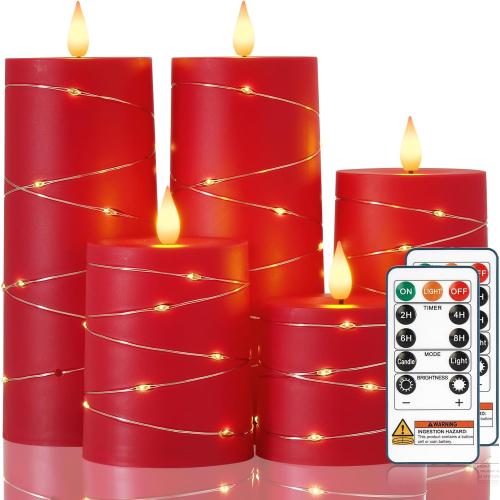 Raycare Flameless Candles with Remote Timer, Flickering Battery Operated LED Pillar Fake Candle with String Lights for Home Decor, Christmas, Wedding and Gift, Red, Set of 5