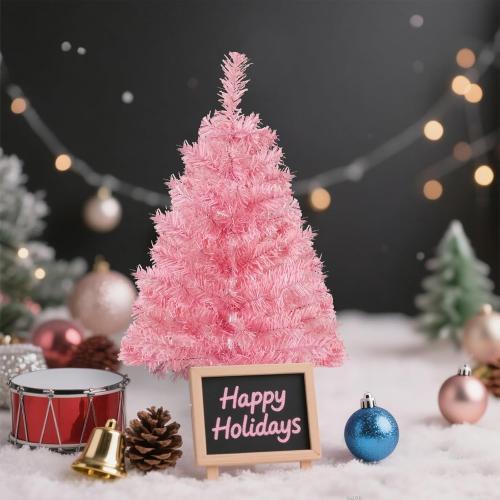 2ft Pink Artificial Christmas Tree,Mini Tabletop Xmas Pine Tree with 80 Branch Tips and Plastic Stand for Indoor and Outdoor Decoration