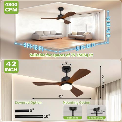 42 Inch Ceiling Fans with Lights and Remote Control, Walnut Ceiling Fan with Light for Bedroom, Living Room, Covered Outdoor, 6 Speeds Reversible Noiseless DC Motor, 3CCT, Dimmable LED Light