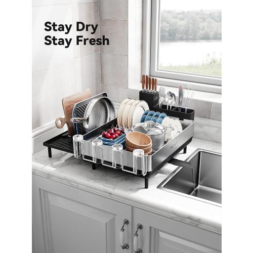 SUNLY Large Dish Drying Rack, Expandable Dish Racks for Kitchen Counter, Space Saving 304 Stainless Steel Drying Rack Kitchen, Extra Large Drainer with Multifunctional Flip Up Pegs, Black