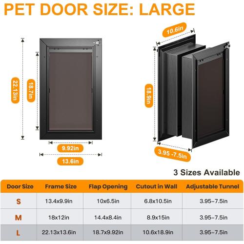 Dog Door for Wall, All Aluminum Large Doggy Door Doggie door, Pet Door Easy to Install, 2 Magnetic Flaps Energy Efficient, Wide Telescoping Tunnel for Interior & Exterior Walls, Pet Up to 110 Lb-Black