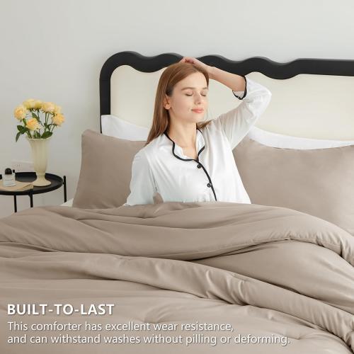 CozyLux Queen Comforter Set Khaki, 3 Pieces Lightweight Comforters Queen Size Quilted Bedding Sets, All Season Breathable Solid Down Alternative Comforter with 2 Pillowcases, Bed Set Gift for Home