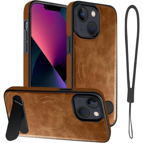 Magnetic for iPhone 14 Leather Case, for iPhone 13 Phone Case, Built-in Stand, Compatible with MagSafe, Silicone Strap, TPU Interior Protective, Shockproof Slim Cover (Brown)