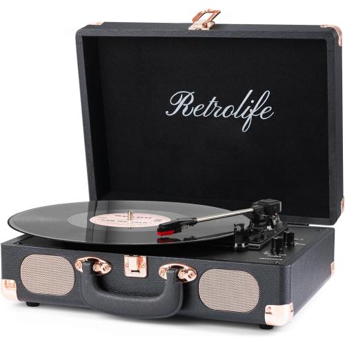 Record Player Wireless Portable Suitcase Vinyl Player with Built-in Speakers Retro Style Record Player for Vinyl Records 3-Speed RCA Line Out AUX in Vintage Turntable Upgrade Black