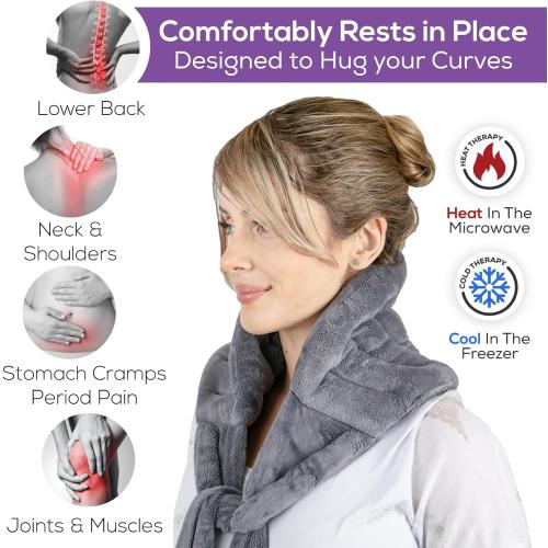 Microwave Heating Pad for Lower Back Pain Relief - Moist Heating Pad for Neck & Shoulders, Cramps, Microwavable Heating Pads 71 Ties, Heat Pack Warm Compress Heat Wrap, Flaxseed Rice Hot Bag (Gray)