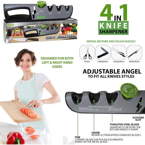 4 in 1 MAJAZ Knife & Scissor Sharpener, Tungsten Steel, Diamond & Ceramic Slots for Different Functions, Adjustable Angel to Fit All Knives Styles ( Kitchen, Fillet, Pocket, Hunting & Tactical Knives)