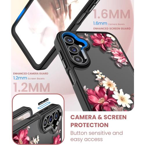 for Samsung Galaxy A25 5G Case Tempered Glass Screen Protector,Military Grade Protective Slim Soft TPU & Hard PC,Girls Women Crystal Clear Flower Pattern Case Cover for A25 5G-Black