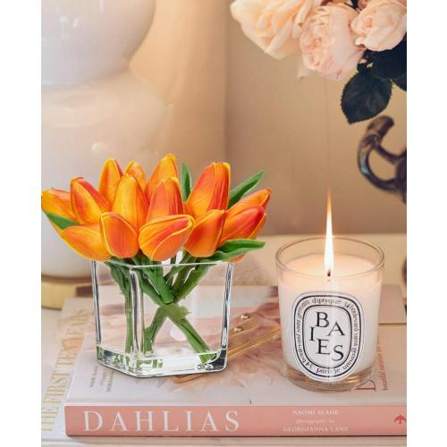 DILATATA Artificial Orange Tulips in Vase with Faux Water 5.5 Real Touch Flowers Fake Tulips Small Flowers Arrangement in Cube Glass Vase for Mother's Day Table Centerpiece Wedding Home Decor