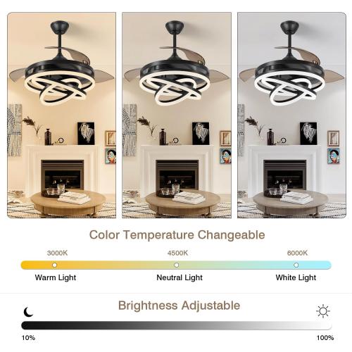TXCSLY Retractable Ceiling Fan, 42 Inch Chandelier Ceiling Fans with Light, Modern Fandelier Ceiling Fan for Bedroom Living Room Dinning Room, Reverse Motor, 3 Color Temperature, 6 Wind Speed-Black