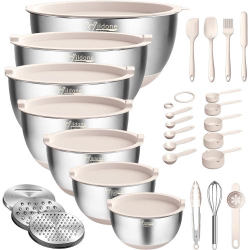 Wildone Mixing Bowls with Airtight Lids, 27 PCS Stainless Steel Nesting Bowls, with 3 Grater Attachments, Scale Mark & Non-Slip Bottom, Size 5, 4, 3, 2, 1.5, 1, 0.63QT, Ideal for Mixing & Prepping