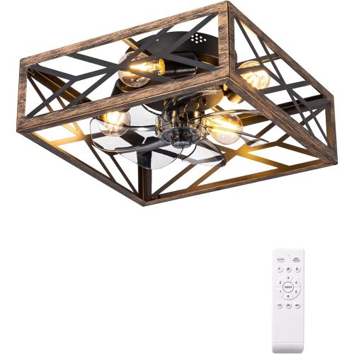 EDISHINE Caged Ceiling Fans with Lights Flush Mount, Rustic Square Low Profile Enclosed Fan Ceiling with Remote, 2/4 H Timer, Reversible 6 Speed, Farmhouse Small Fan for Bedroom, Kitchen, Dining Room