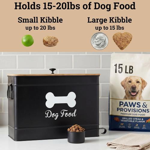 Metal Dog Food Container 15-20 lbs w/ Airtight Bamboo Lid, 70 Cup Capacity