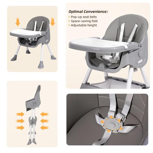 Baby High Chair, 6 in 1 Convertible High Chairs for Babies and Toddlers, Toddler Feeding Chair with Double Removable Tray, Adjustable Footrest & Machine Washable Cushion（Light Gray）