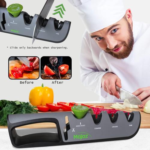 4 in 1 MAJAZ Knife & Scissor Sharpener, Tungsten Steel, Diamond & Ceramic Slots for Different Functions, Adjustable Angel to Fit All Knives Styles ( Kitchen, Fillet, Pocket, Hunting & Tactical Knives)