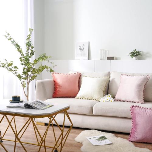 Topfinel Decorative Throw Pillow Covers 18x18 Set of 2, Cream White Couch Square Pillow Covers for Sofa Bed, Soft Velvet Cushion Covers with Pom Poms for Livingroom Bedroom Modern Home Decor