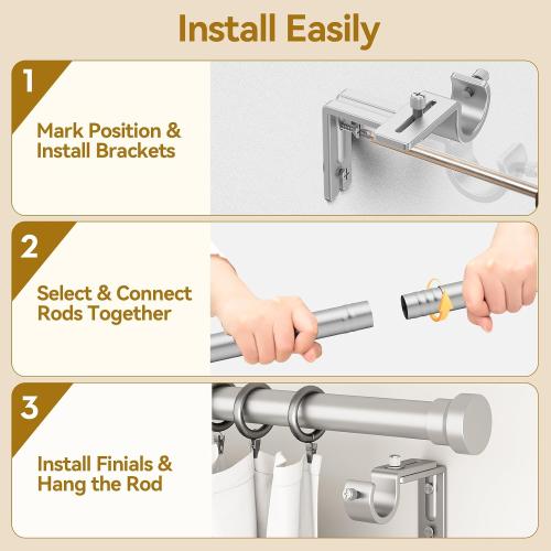 YaFex Curtain Rods 32-144 Inch, Heavy Duty 1 Inch Adjustable Curtain Rod for Windows, Silver Extra Long Window Treatment Rods, Modern Design, Easy Installation