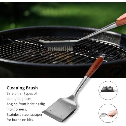 FJNATINH Heavy-Duty Grilling Accessories Rose Wooden BBQ Grilling Tools Set,Outdoor Grill Set with Spatula, Fork, Brush & Tongs,Essential Accessories for Barbecue & Grill. Ideal Gift for Men