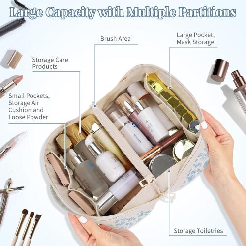 Travel Makeup Bag Organizer Cosmetic Bag, 2Pcs Floral Make up Bag Portable Pouch Open Flat Pouch Clear Divider and Handle