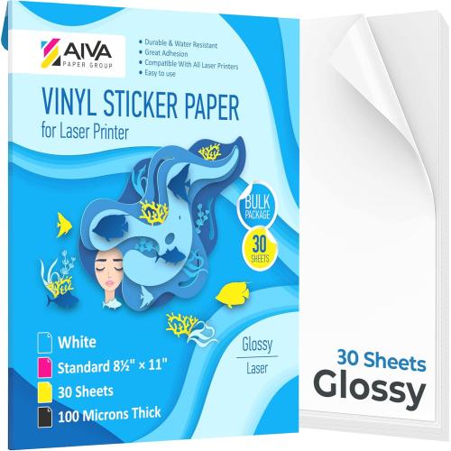 Printable Vinyl Sticker Paper for Laser Printer - Glossy White - 30 Self-Adhesive Sheets - Waterproof Decal Paper - Standard Letter Size 8.5x11