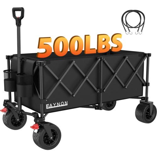 42 L Collapsible Foldable Wagon, 500LB Weight Capacity with 220L Heavy Duty Folding Cart,Utility Wagon with Big All-Terrain Beach Wheel, Drink Holders and 2 Bungee Cords,Black