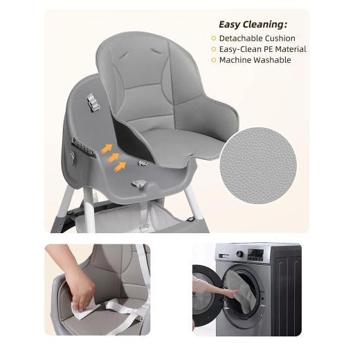 Baby High Chair, 6 in 1 Convertible High Chairs for Babies and Toddlers, Toddler Feeding Chair with Double Removable Tray, Adjustable Footrest & Machine Washable Cushion（Light Gray）