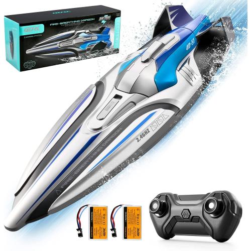 4DRC RC Boat for Kids & Adults, Fast 2.4 GHz Racing Boat with 2 Batteries, Low Battery Alarm, Capsize Recovery for 8-12 Year Old Boys & Girls