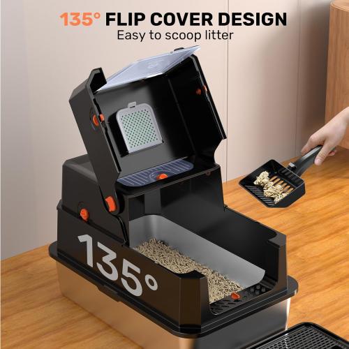 Stainless Steel Litter Box with Lid, Anti-Leakage Enclosed Metal Litter Box, Flip-Top Extra Large Kitty Litter Pan with Scoop & Pedal, Odor Free, Front & Top Dual Entry, Black