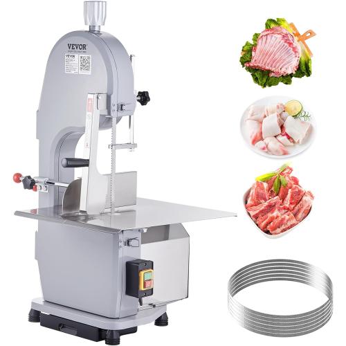 Commercial Electric Meat Bandsaw, 1500W Stainless Steel Countertop Bone Sawing Machine, Workbeach 19.3 x 15, 0.16-7.9 Inch Cutting Thickness, Frozen Meat Cutter with 6 Blades for Rib Pork Beef