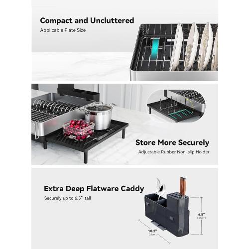 SUNLY Large Dish Drying Rack, Expandable Dish Racks for Kitchen Counter, Space Saving 304 Stainless Steel Drying Rack Kitchen, Extra Large Drainer with Multifunctional Flip Up Pegs, Black