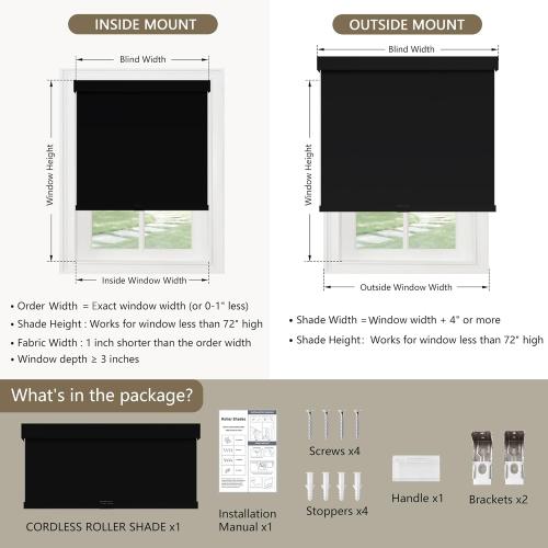 WHITE Cordless Blackout Roller Shades Blinds for Windows Free-Stop,Pull Down Room Darkening with Valance,Thermal Insulated Woven Fabric Window Door Blinds for Home,Office,Black 20 W x 72 H