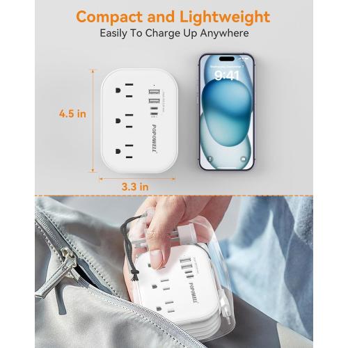European Plug Adapter,EU/UK/US Travel Power Strip with 3 Outlets & 4 USB Ports(3.4A), International Power Adapter with 3 FT Extension Cord Compact for US to EU UK Germany Italy France Cruise