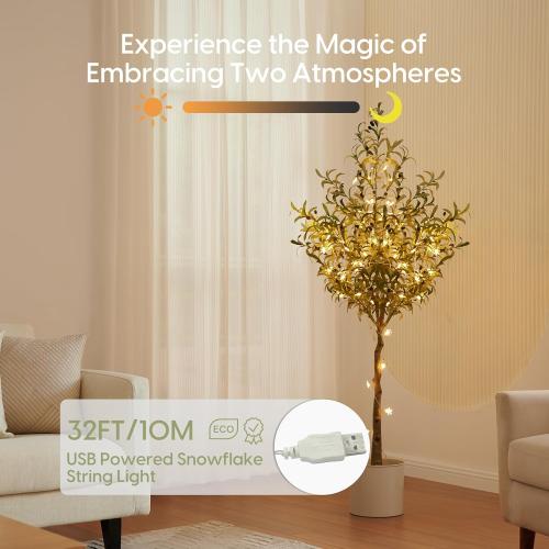 Velener Artificial Olive Tree 6FT Tall with 32ft USB Snowflake Light Strip, Large Fake Potted Silk Olive Plant Indoor with Faux Leaves and Lifelike Fruits for Home Office Decor Outdoor