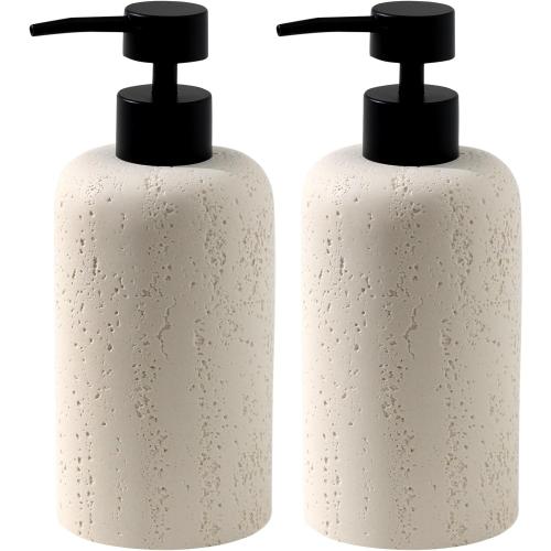 11oz 2 Pack Cream Soap Dispensers 340mL 11 OZ, 2 PCS Luxurious Hand Dish Lotion Shampoo Soap Dispenser Jar, Travertine Soap Pump Bottles for Kitchen Bathroom Countertop (Cream)
