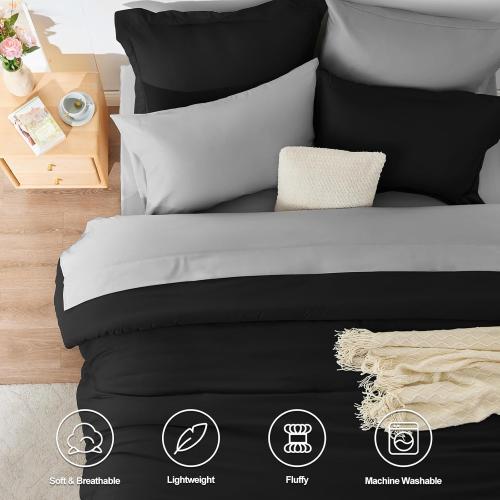 CozyLux Black Queen Comforter Set - 7 Piece Bed in a Bag Bedding Set with Comforter, Flat Sheets, Fitted Sheet, Pillowcases & Shams - Boho Contrasting Design Black and Grey