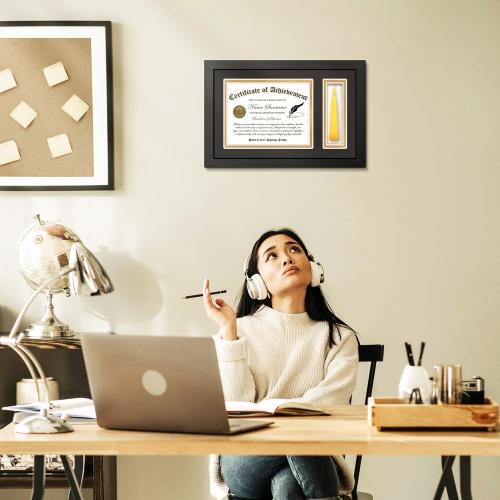 Picrit 11x17 Wood Diploma Frame with Tassel Holder for 8.5x11 Certificate/Degree Document with Tempered Glass, Black over Gold Mat