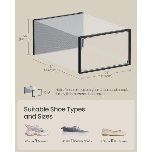 SONGMICS Shoe Boxes, Shoe Storage Organizers Rack for Closet, Plastic Stackable Sneaker Containers Case, 18 Pack, Transparent and Ink Black ULSP318B01