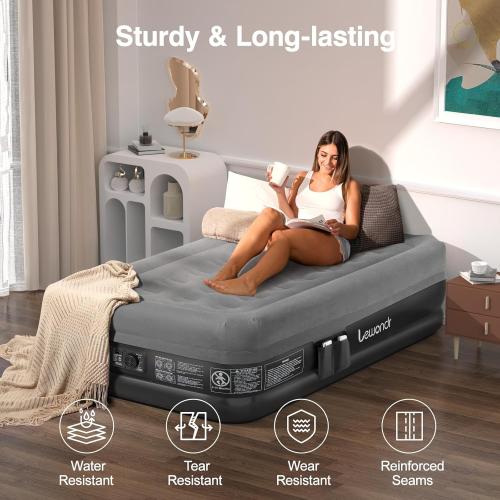 Grey 18 Twin Air Mattress with Built in Pump,18 Deluxe Blow Up Mattress, Adjustable Self Inflating Air Mattress, 2Min Fast Inflatable Mattress for Camping, Home, Guests, Travel(550 lb MAX), Gray
