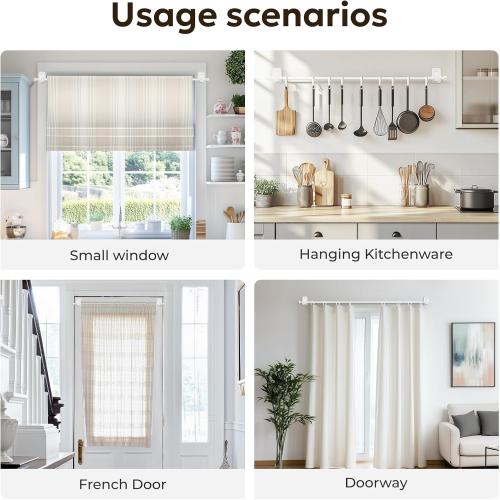 Curtain Rods No Drilling for Windows, 5/8″ No Drill/Adhesive Holder white Curtain Rod Brackets, Renter Friendly Adjustable Drapery Pole Easy Install, white, 32″-72″